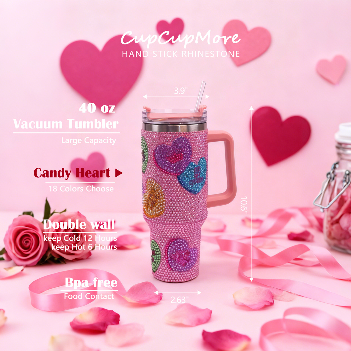 40 oz Candy Heart Bling Tumbler - Image 2