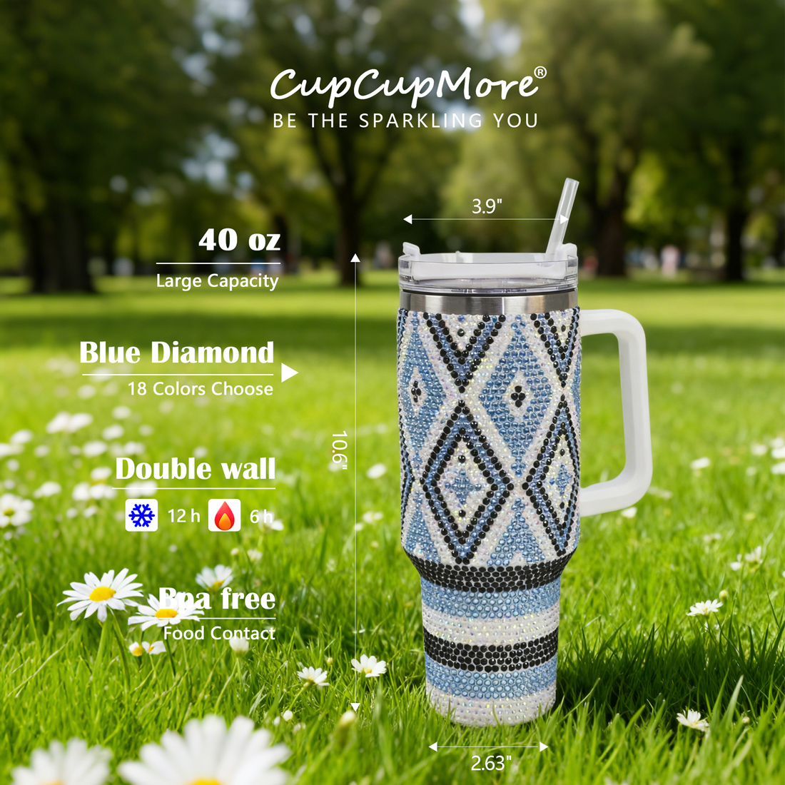 40 oz Blue Diamond Bling Tumbler - Image 2