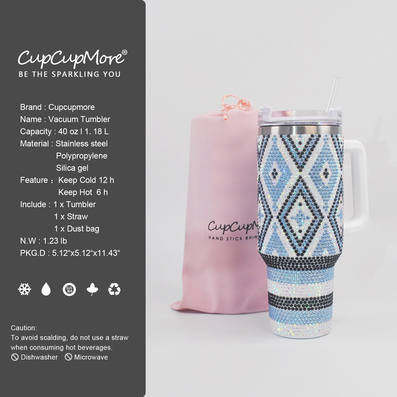 40 oz Blue Diamond Bling Tumbler - Image 3