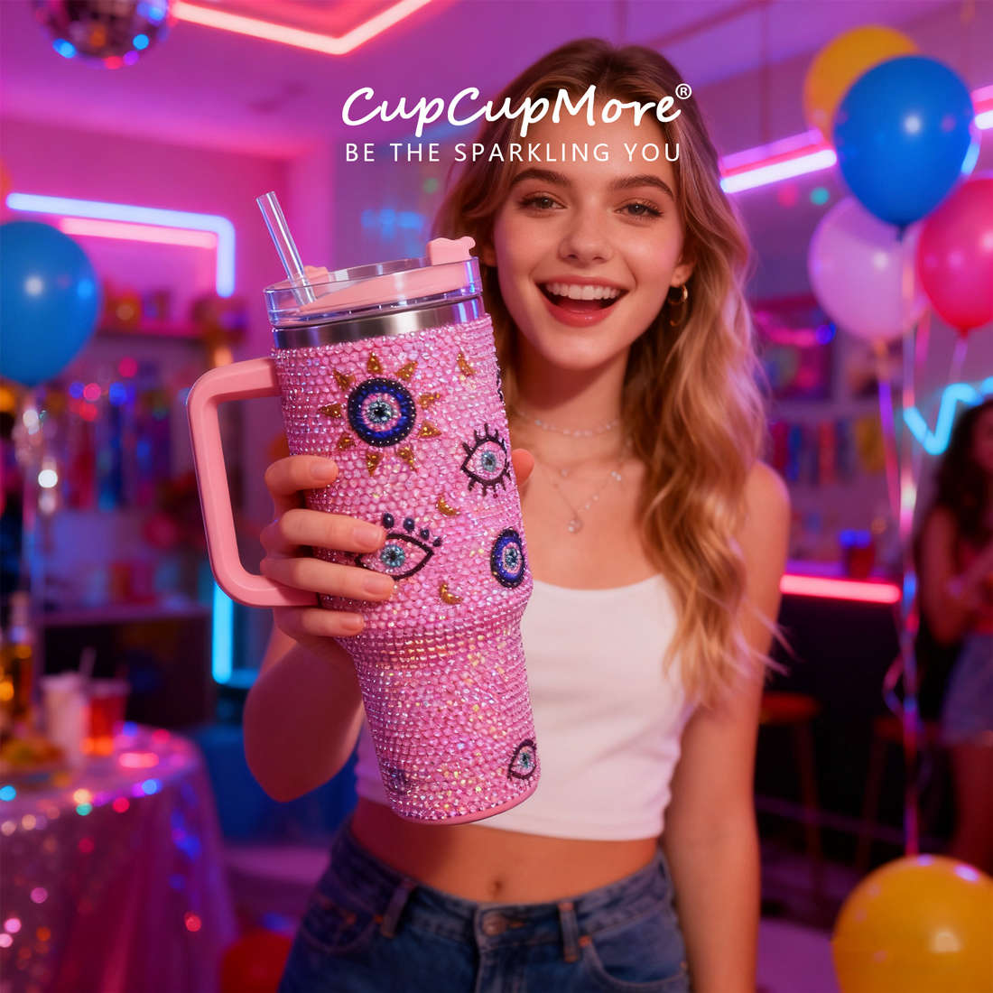 40 oz Pink Evil Eye Bling Tumbler - Image 9