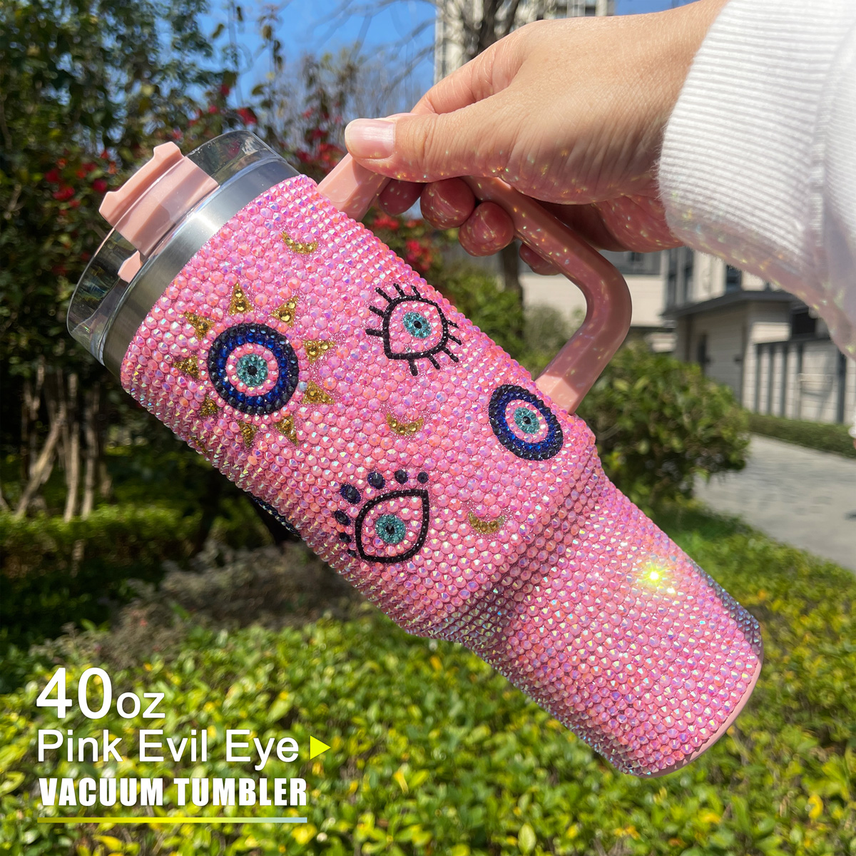 40 oz Pink Evil Eye Bling Tumbler - Image 6