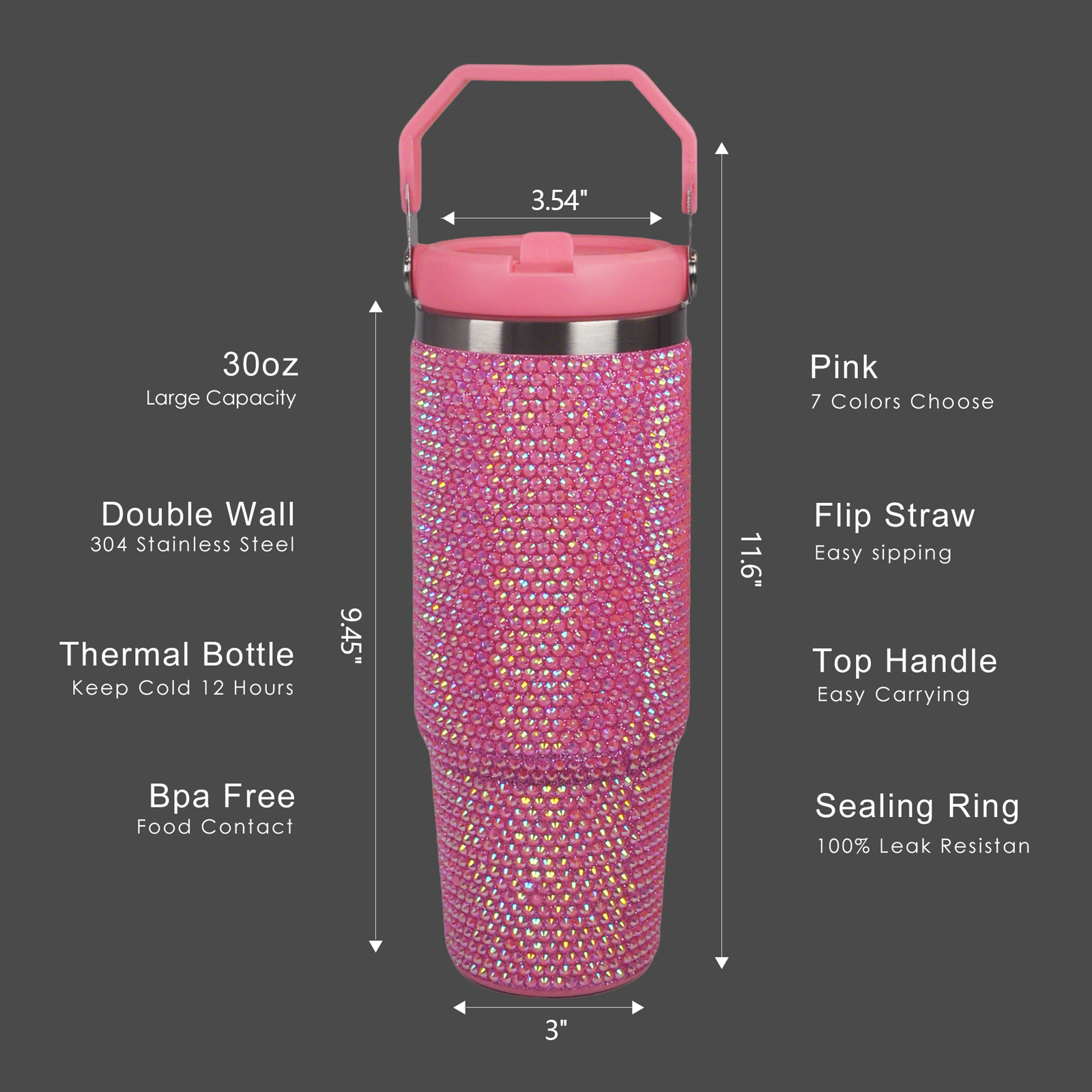 30 oz Pink Bling Flip Straw Tumbler - Image 3