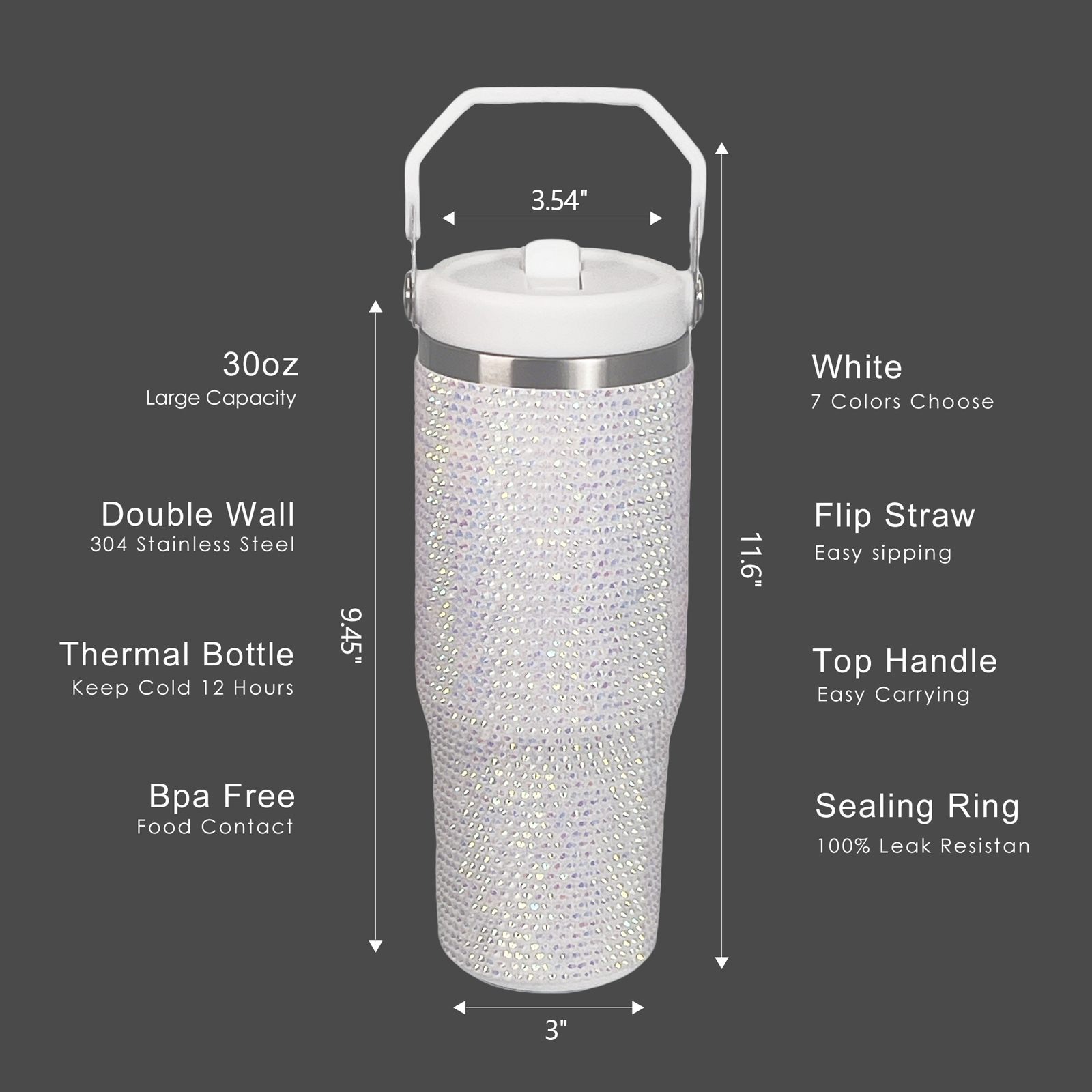30 oz White Bling Flip Straw Tumbler - Image 3
