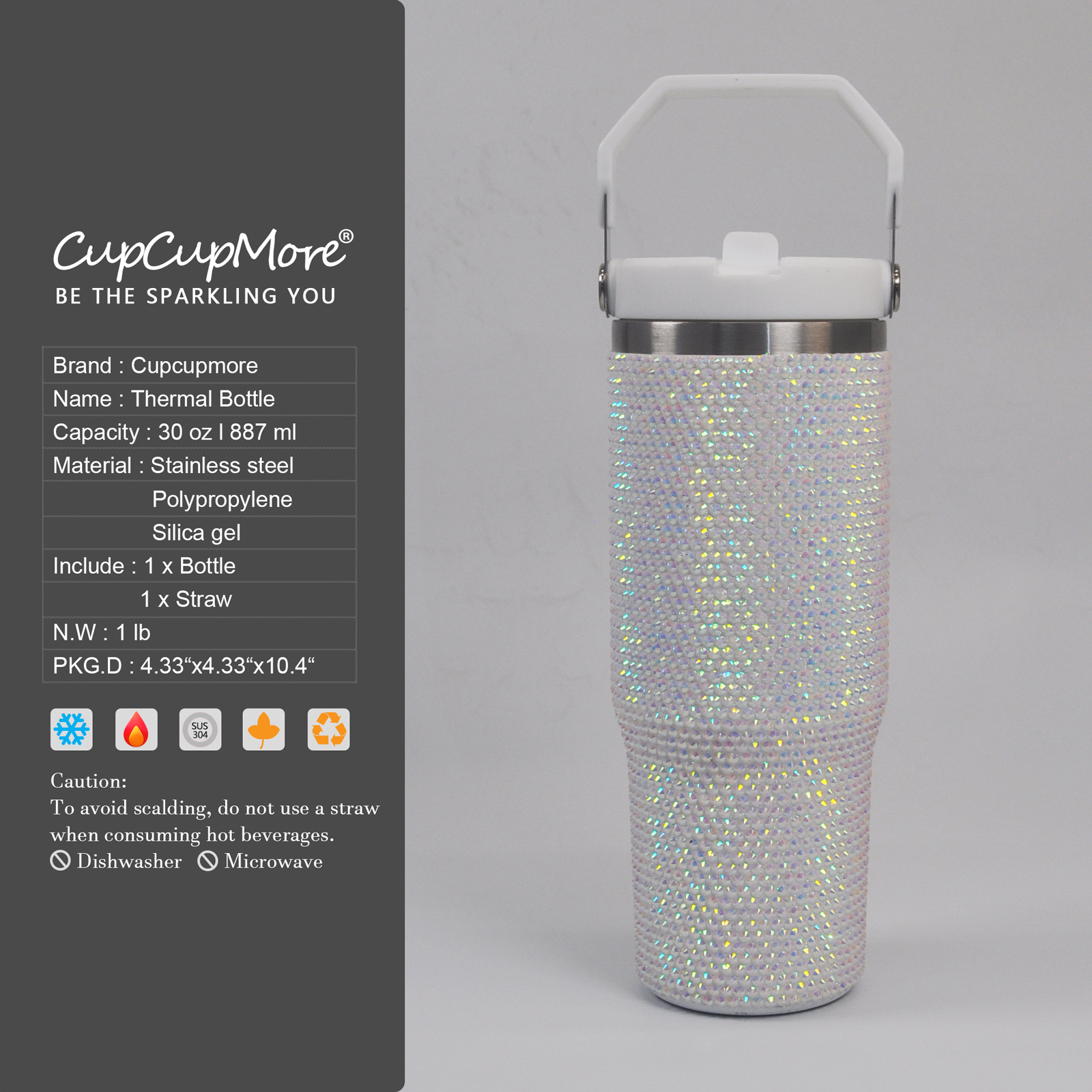 30 oz White Bling Flip Straw Tumbler - Image 6