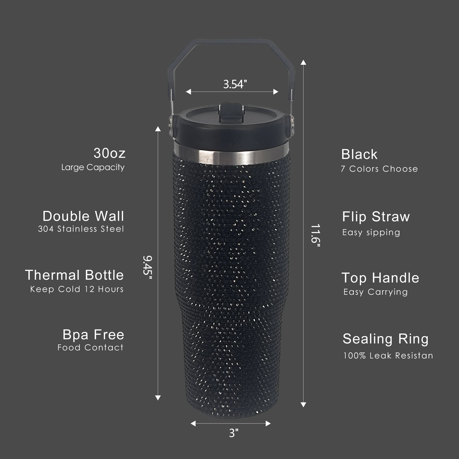 30 oz Black Bling Flip Straw Tumbler - Image 3