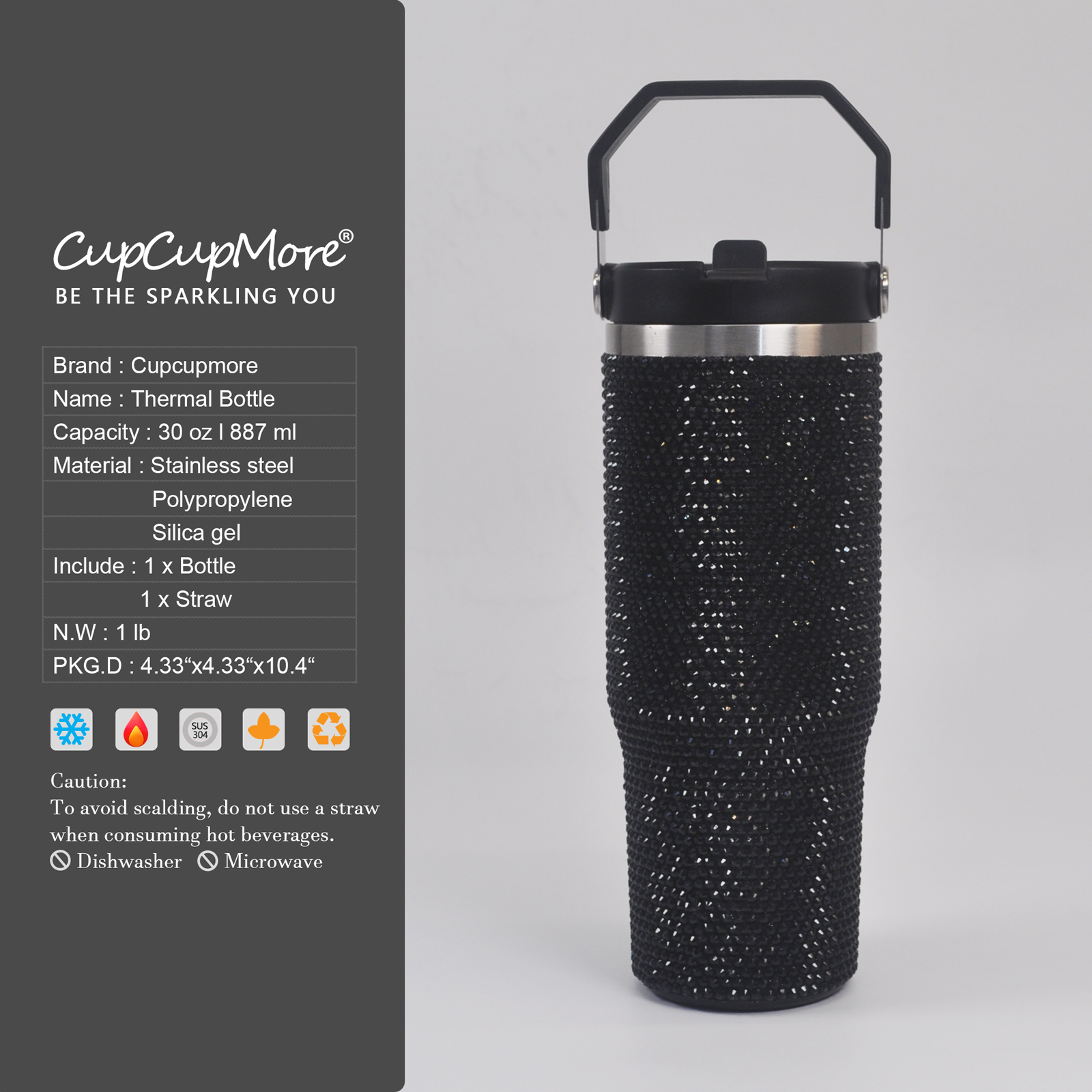 30 oz Black Bling Flip Straw Tumbler - Image 6
