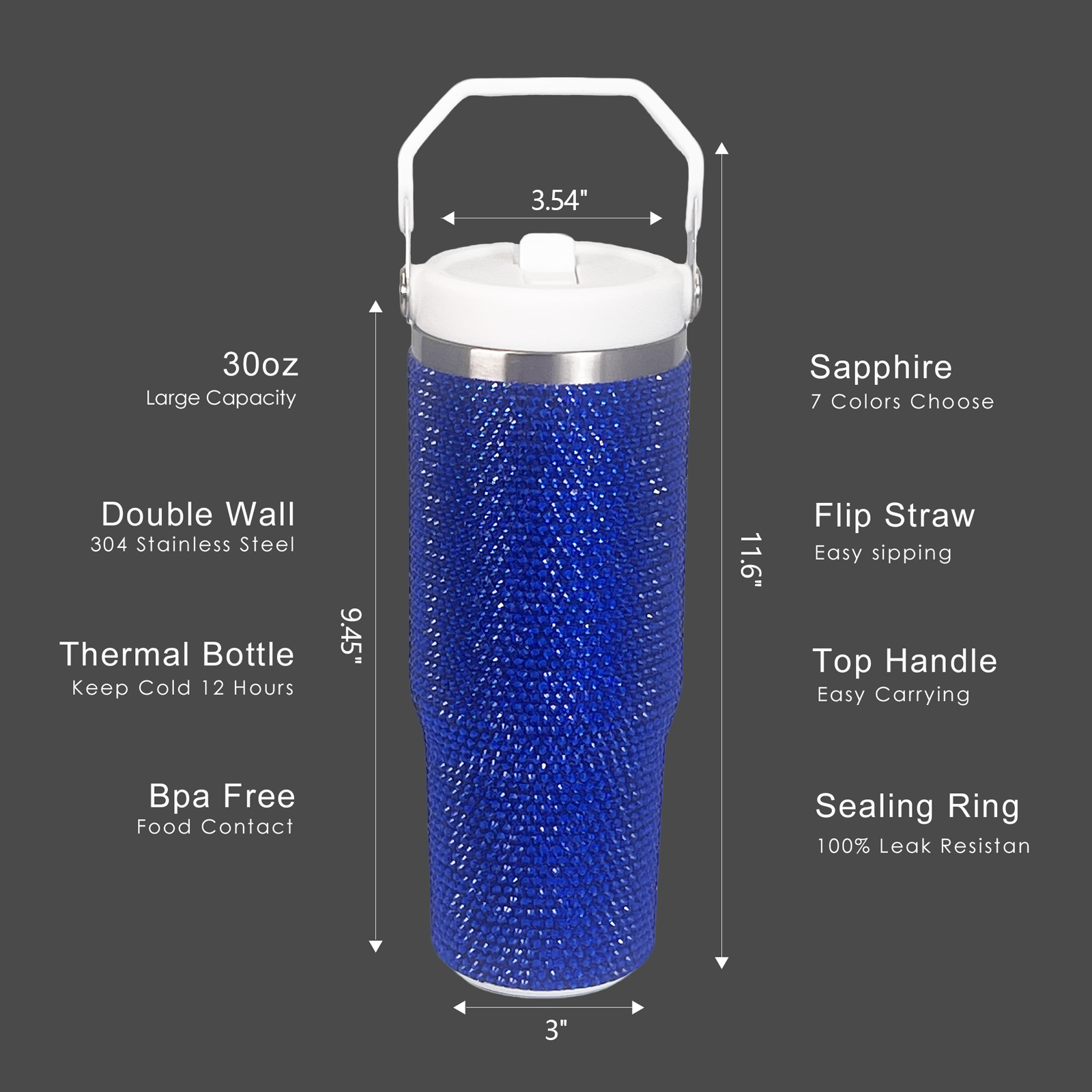 30 oz Sapphire Bling Flip Straw Tumbler - Image 3
